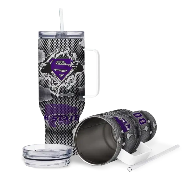 personalized kansas state wildcats superman shield purple gray curved tumbler high quality.webp