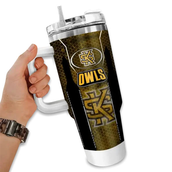 personalized kennesaw state owls hexagon armor gold curved tumbler fashion forward.webp