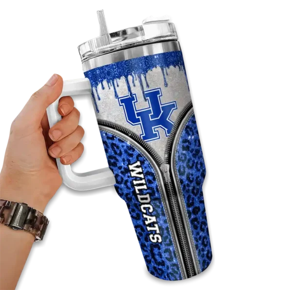 personalized kentucky wildcats leopard zipper blue curved tumbler fashion forward.webp