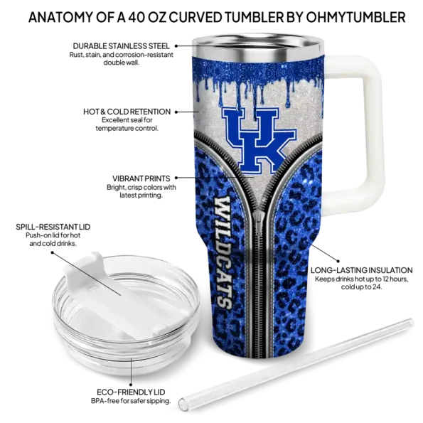 personalized kentucky wildcats leopard zipper blue curved tumbler new arrival.webp