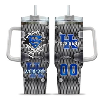 personalized kentucky wildcats superman shield blue gray curved tumbler best selling.webp