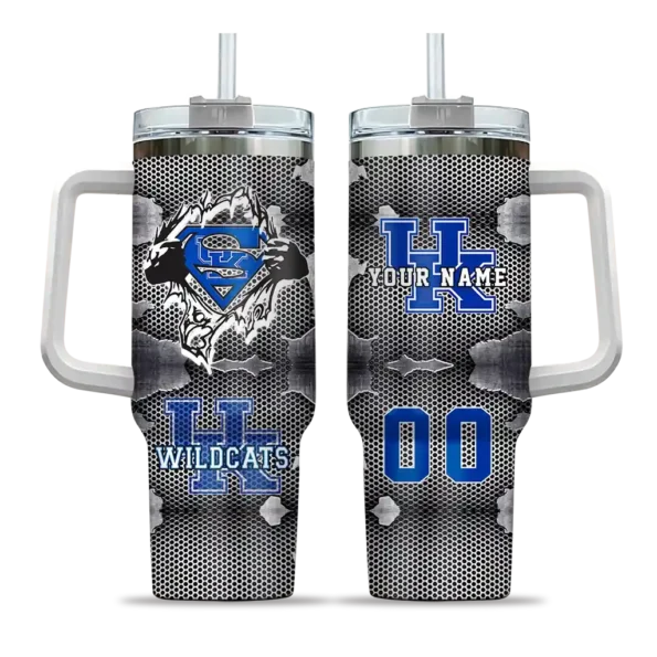 personalized kentucky wildcats superman shield blue gray curved tumbler best selling.webp