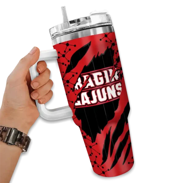 personalized louisiana ragin cajuns claw cut red black curved tumbler fashion forward.webp