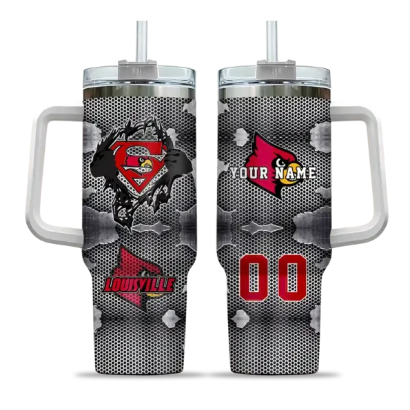 personalized louisville cardinals superman shield red gray curved tumbler best selling.webp