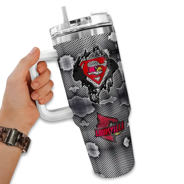 personalized louisville cardinals superman shield red gray curved tumbler fashion forward.webp