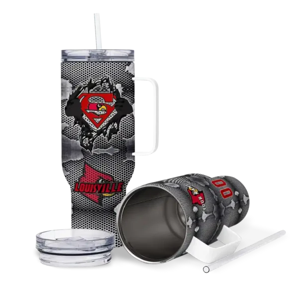 personalized louisville cardinals superman shield red gray curved tumbler high quality.webp