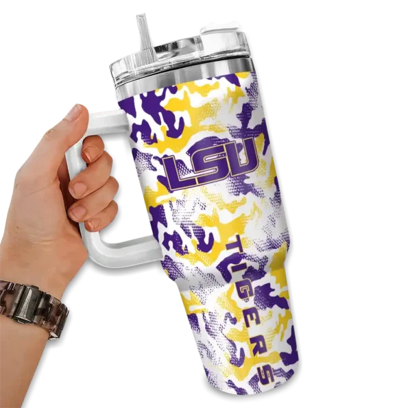personalized lsu tigers camo mashup purple white curved tumbler fashion forward.webp