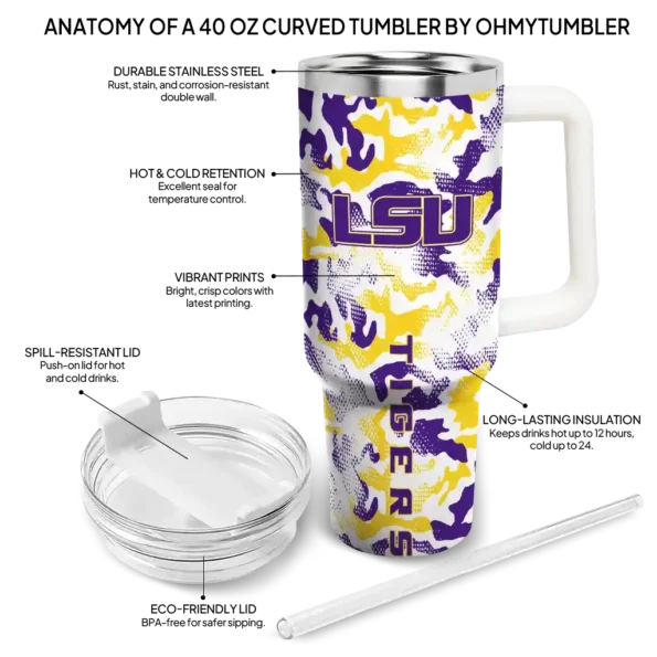 personalized lsu tigers camo mashup purple white curved tumbler new arrival.webp
