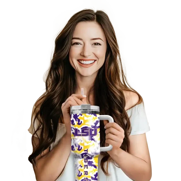personalized lsu tigers camo mashup purple white curved tumbler premium grade.webp