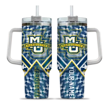 personalized marquette golden eagles chevron angle blue curved tumbler best selling.webp