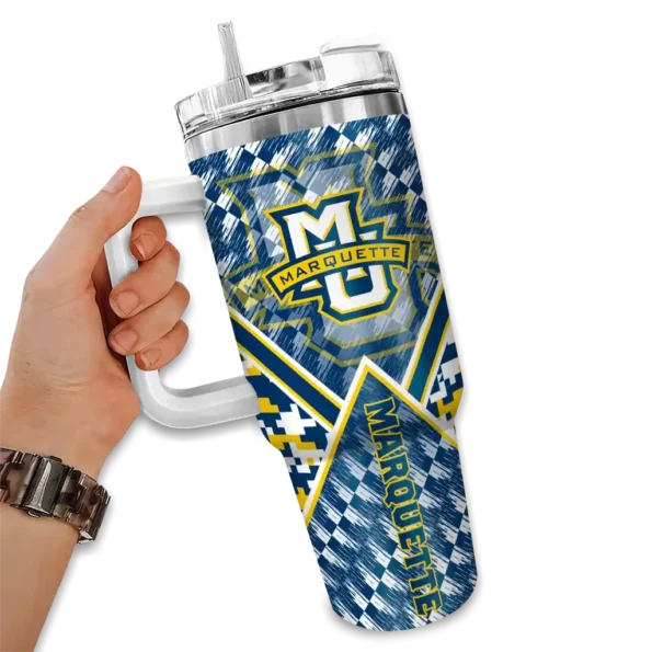 personalized marquette golden eagles chevron angle blue curved tumbler fashion forward.webp
