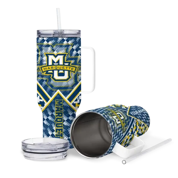personalized marquette golden eagles chevron angle blue curved tumbler high quality.webp