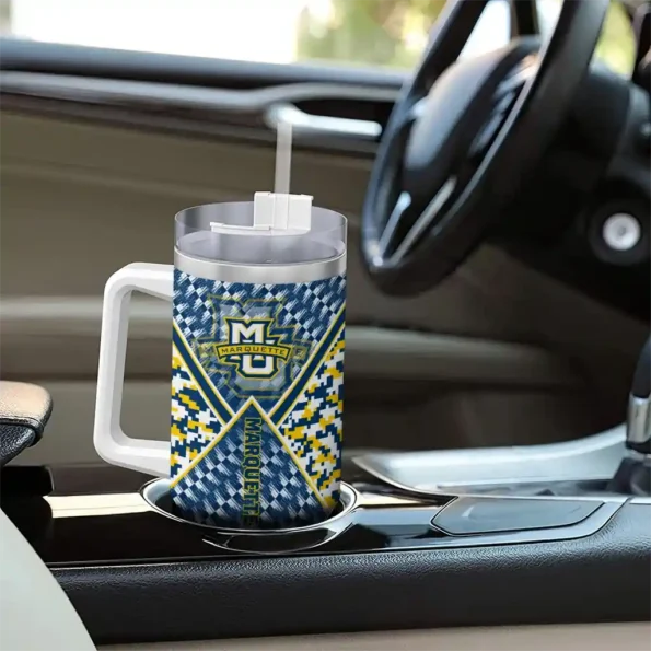 personalized marquette golden eagles chevron angle blue curved tumbler trendy.webp