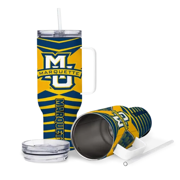 personalized marquette golden eagles chevron layers blue curved tumbler high quality.webp
