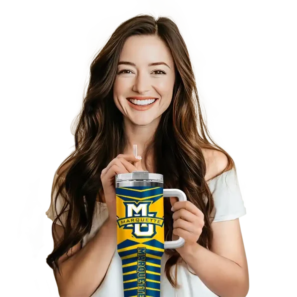 personalized marquette golden eagles chevron layers blue curved tumbler premium grade.webp