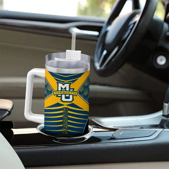 personalized marquette golden eagles chevron layers blue curved tumbler trendy.webp