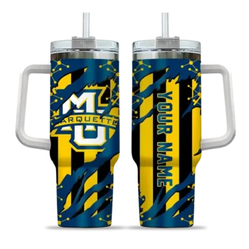 personalized marquette golden eagles claw cut blue black curved tumbler best selling.webp