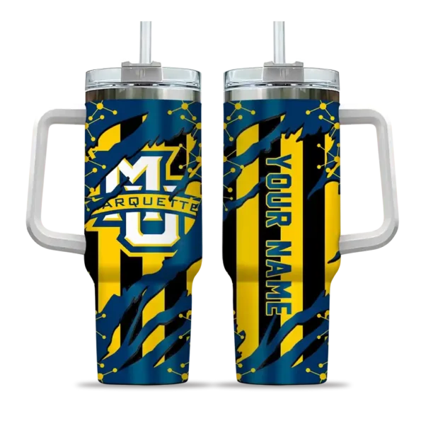 personalized marquette golden eagles claw cut blue black curved tumbler best selling.webp