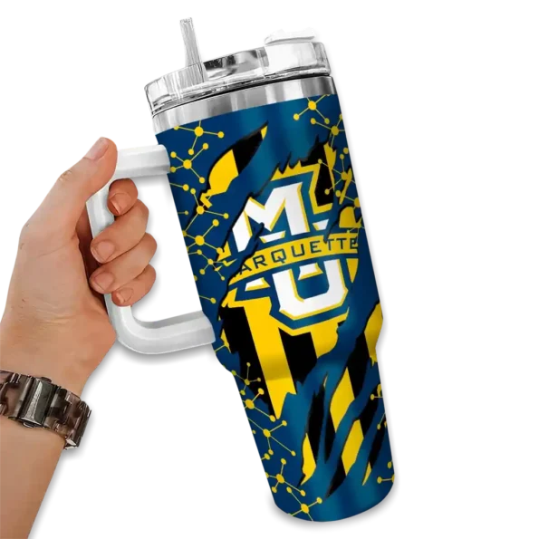 personalized marquette golden eagles claw cut blue black curved tumbler fashion forward.webp