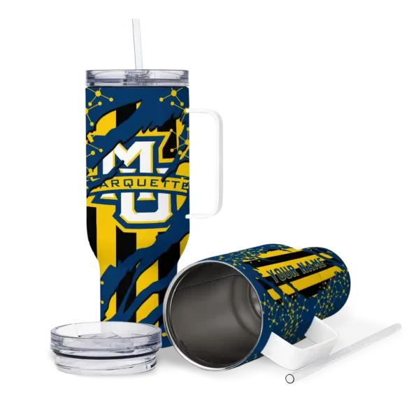 personalized marquette golden eagles claw cut blue black curved tumbler high quality.webp