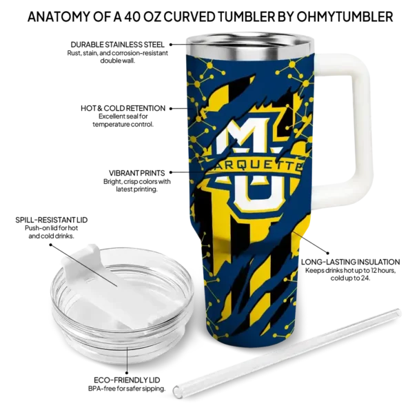 personalized marquette golden eagles claw cut blue black curved tumbler new arrival.webp