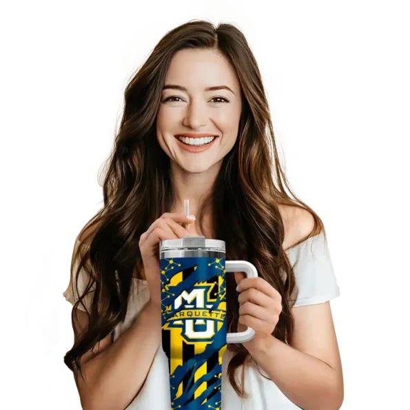 personalized marquette golden eagles claw cut blue black curved tumbler premium grade.webp
