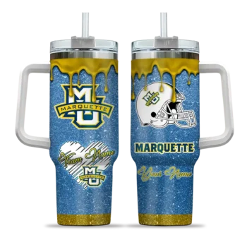personalized marquette golden eagles heart helmet motif blue curved tumbler best selling.webp