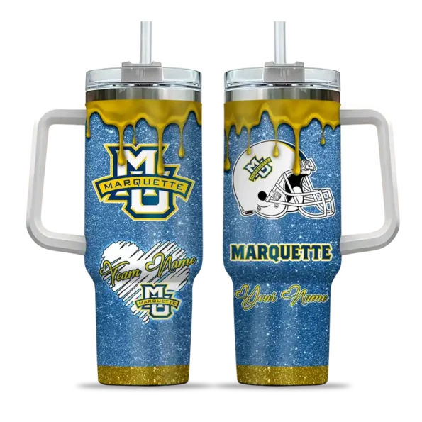 personalized marquette golden eagles heart helmet motif blue curved tumbler best selling.webp