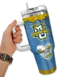 personalized marquette golden eagles heart helmet motif blue curved tumbler best selling.webp
