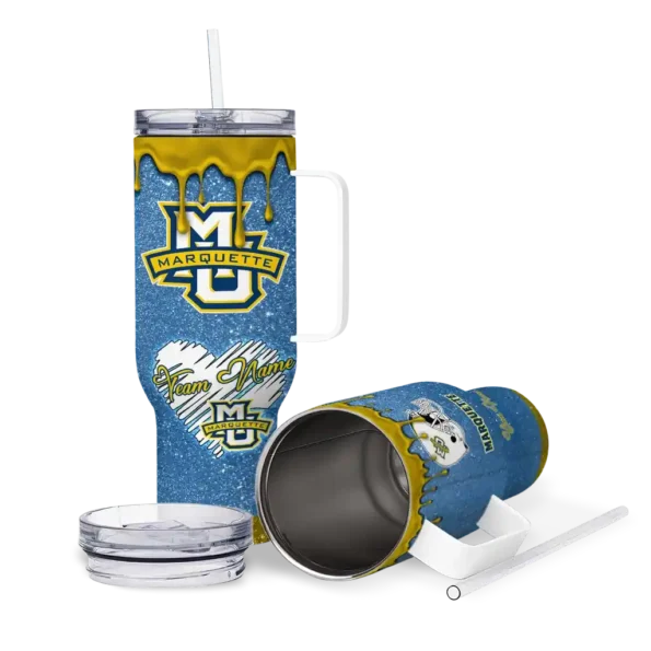 personalized marquette golden eagles heart helmet motif blue curved tumbler high quality.webp