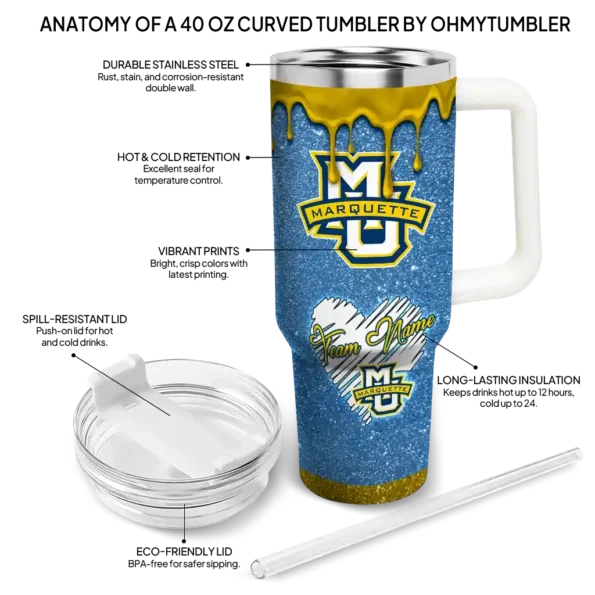 personalized marquette golden eagles heart helmet motif blue curved tumbler new arrival.webp