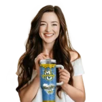 personalized marquette golden eagles heart helmet motif blue curved tumbler best selling.webp