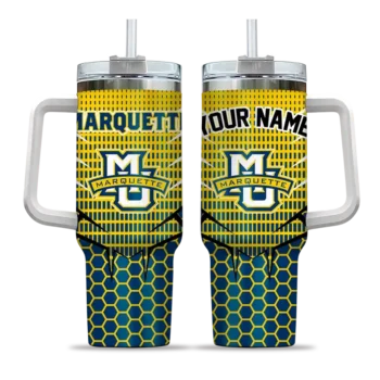 personalized marquette golden eagles hex texture blue curved tumbler best selling.webp