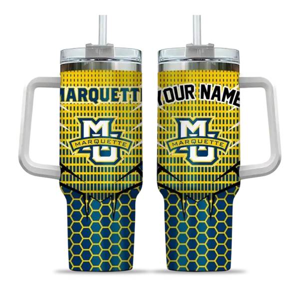 personalized marquette golden eagles hex texture blue curved tumbler best selling.webp