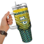 personalized marquette golden eagles hex texture blue curved tumbler best selling.webp