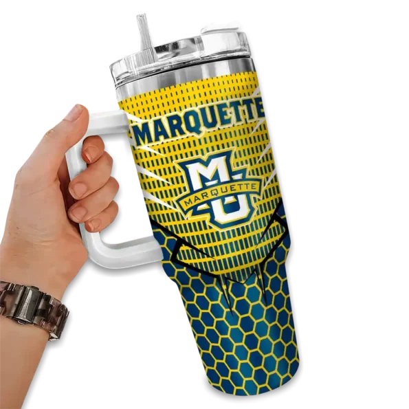 personalized marquette golden eagles hex texture blue curved tumbler fashion forward.webp