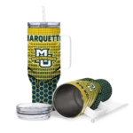personalized marquette golden eagles hex texture blue curved tumbler best selling.webp