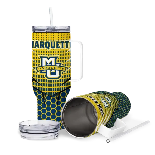 personalized marquette golden eagles hex texture blue curved tumbler high quality.webp