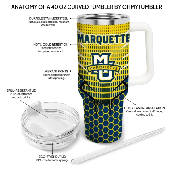 personalized marquette golden eagles hex texture blue curved tumbler new arrival.webp