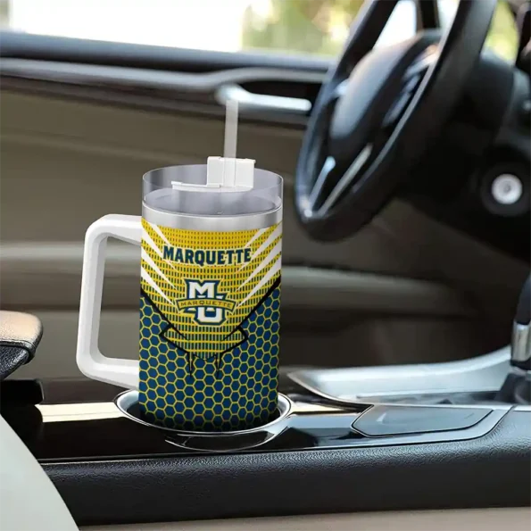 personalized marquette golden eagles hex texture blue curved tumbler trendy.webp