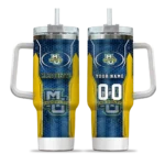 personalized marquette golden eagles hexagon armor blue curved tumbler best selling.webp