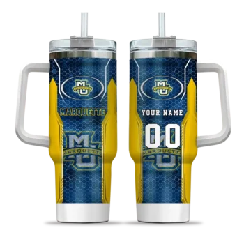 personalized marquette golden eagles hexagon armor blue curved tumbler best selling.webp