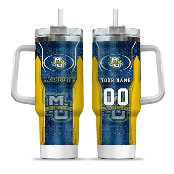 personalized marquette golden eagles hexagon armor blue curved tumbler best selling.webp