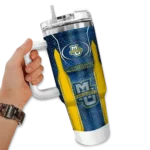 personalized marquette golden eagles hexagon armor blue curved tumbler best selling.webp