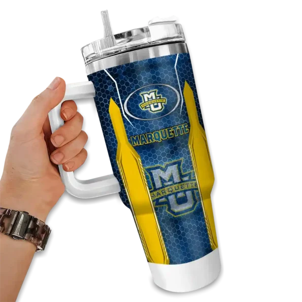 personalized marquette golden eagles hexagon armor blue curved tumbler fashion forward.webp