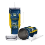 personalized marquette golden eagles hexagon armor blue curved tumbler best selling.webp
