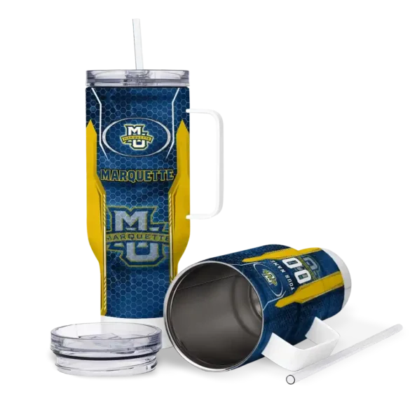 personalized marquette golden eagles hexagon armor blue curved tumbler high quality.webp