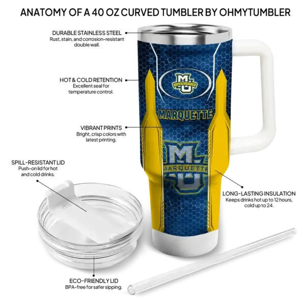 personalized marquette golden eagles hexagon armor blue curved tumbler new arrival.webp