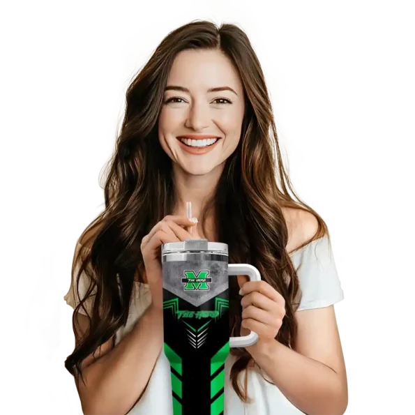 personalized marshall thundering herd arrow armor green black curved tumbler premium grade.webp