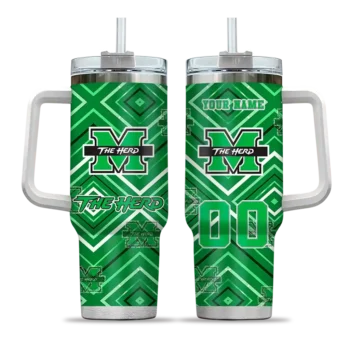 personalized marshall thundering herd bold diamonds green curved tumbler best selling.webp